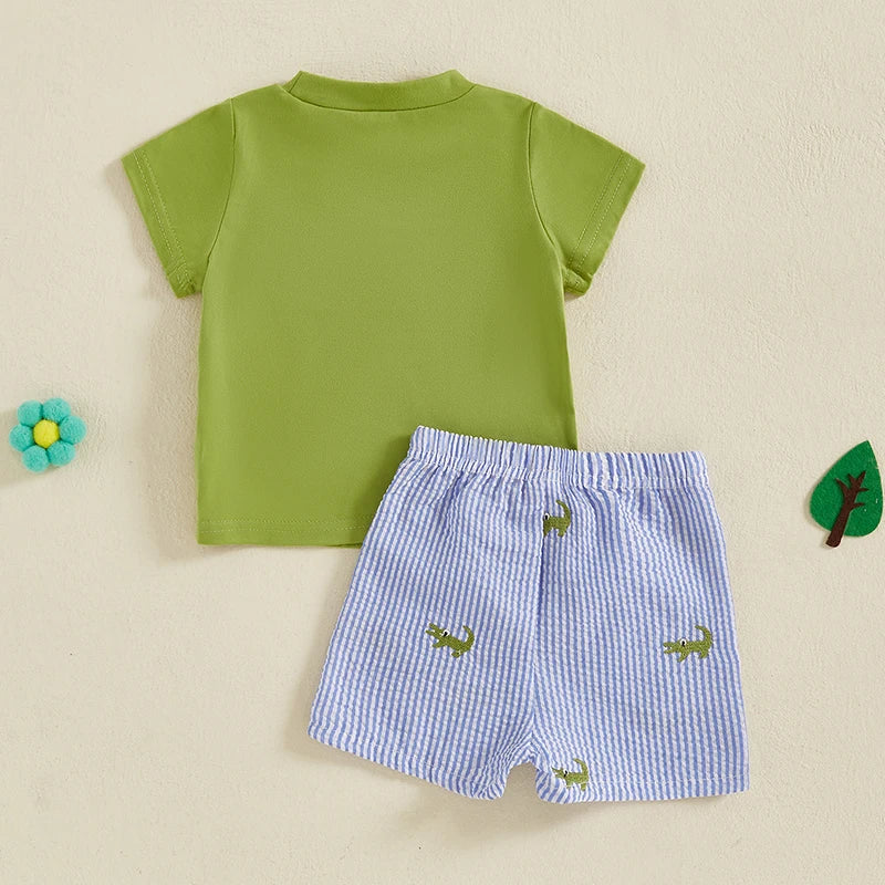 2Pcs Baby Boy Summer Outfits Short Sleeve Alligator Embroidery T-Shirt Pocket Shorts Set Clothes
