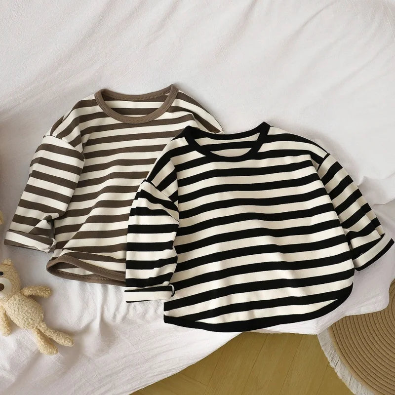 Spring Autumn New Children Casual T Shirt Loose Kids Striped T Shirts Soft Warm Tee Boys Girls Long Sleeve Tops Baby Clothes