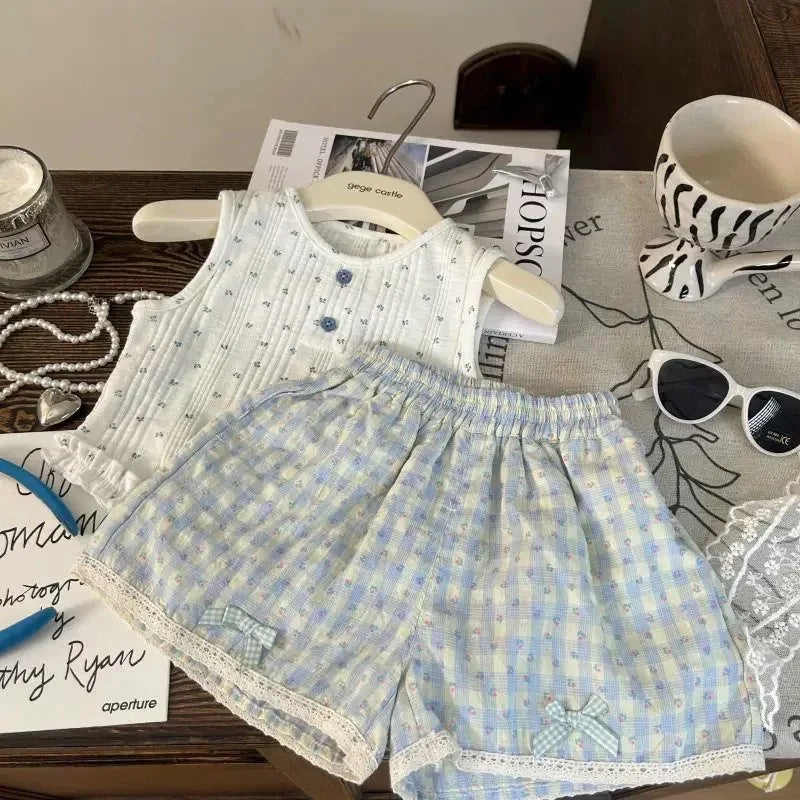 Girls' Summer Set 2025 New Children's Leisure Summer Dress Girls' Bow Vest Shorts Two Piece Set Stylish