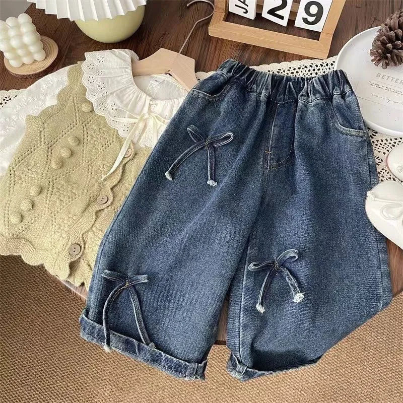 Kids Baby Girls Jeans 2025 Autumn Bow Solid Color Wide Leg Pant Elastic Waist Pocket Children Little Girls Straight Leg Pants