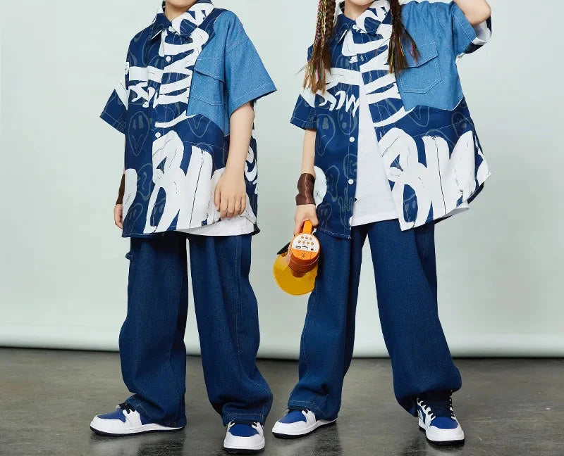 Boys Hip Hop Costume Graffiti Jeans Shirt Loose Pants for Girls Street Dance Kids Jazz Clothes Children Streetwear sets