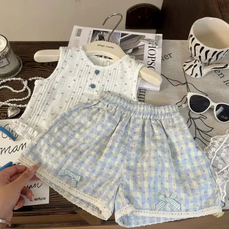 Girls' Summer Set 2025 New Children's Leisure Summer Dress Girls' Bow Vest Shorts Two Piece Set Stylish