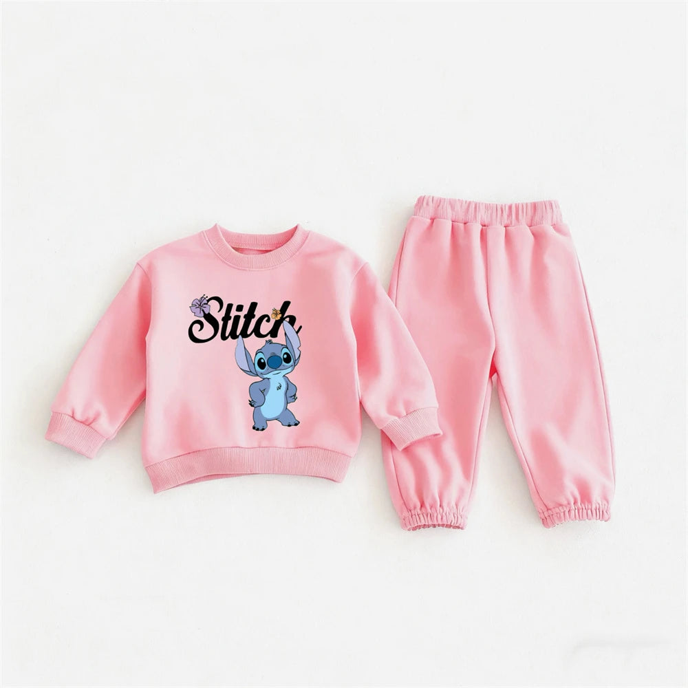 Cartoon Stitch Printed Sweatshirt Loose Pants Two Piece Set Kids 2026 Autumn Clothing Cute Hoodie All-match Pants For Girls
