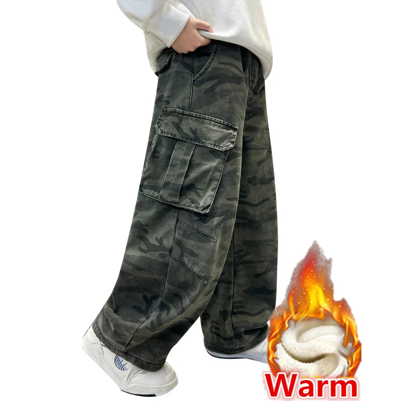 Boy Winter Warm Insulate Military Camouflage Cargo Pants Kids Loose Straight Thermal Trousers Child Fleece Lined Camo Trackpants