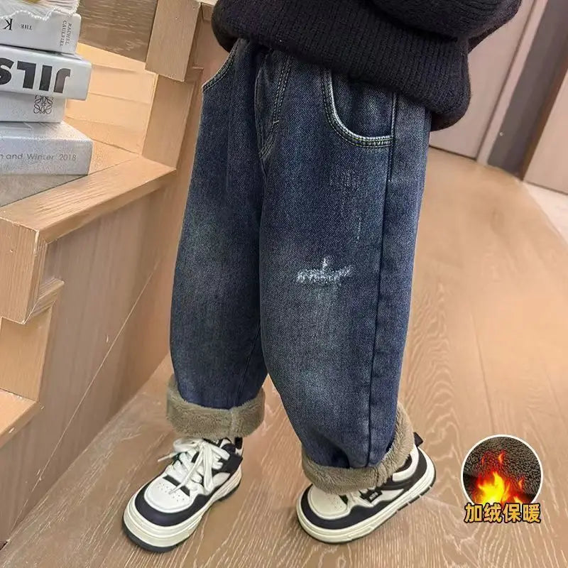 Children's Velvet Jeans New Girl's Loose Casual Pants Winter Girl's Alpaca Velvet Thick Pants 90-140cm