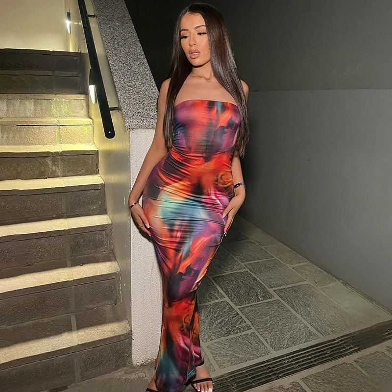 CUTENOVA Women Off-Shoulder Bodycon Maxi Sundress 2024 Summer Tie Dye Print Sleeveless Backless Long Party Dress Beach Street