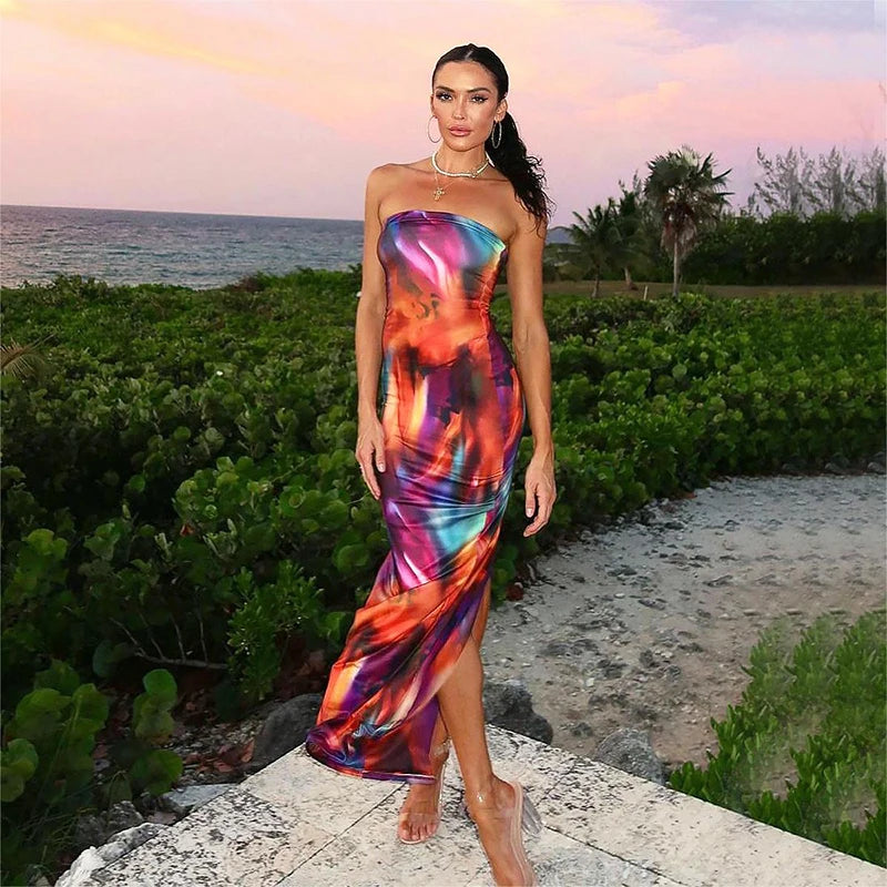 CUTENOVA Women Off-Shoulder Bodycon Maxi Sundress 2024 Summer Tie Dye Print Sleeveless Backless Long Party Dress Beach Street