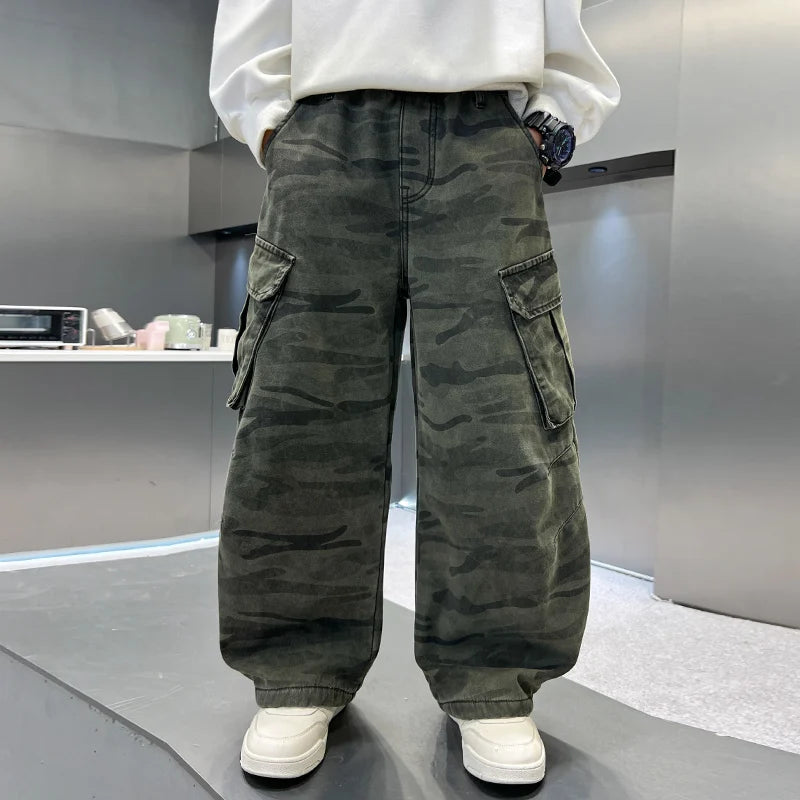 Boy Winter Warm Insulate Military Camouflage Cargo Pants Kids Loose Straight Thermal Trousers Child Fleece Lined Camo Trackpants