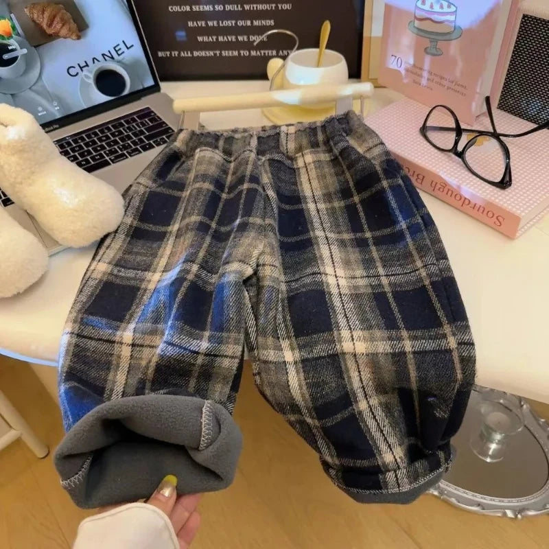 Autumn Winter New Thicken Boys Girls Trendy Fashion Children Plush Casual Versatile Checkered Straight Leg Pants Korean Version