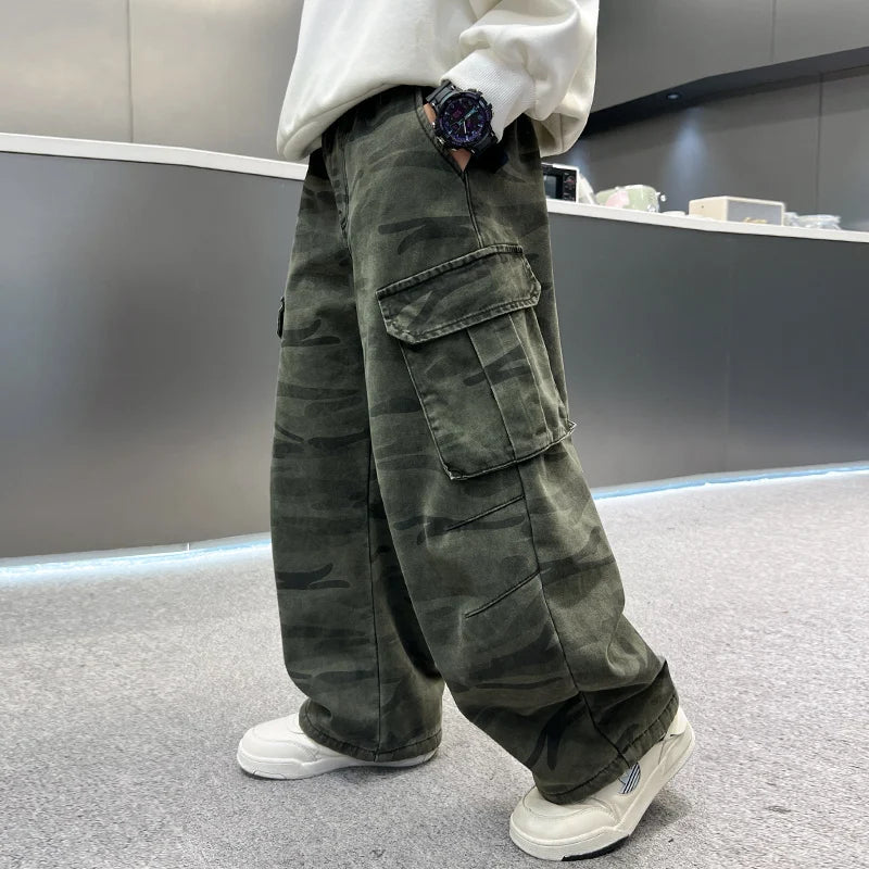 Boy Winter Warm Insulate Military Camouflage Cargo Pants Kids Loose Straight Thermal Trousers Child Fleece Lined Camo Trackpants