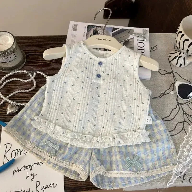 Girls' Summer Set 2025 New Children's Leisure Summer Dress Girls' Bow Vest Shorts Two Piece Set Stylish