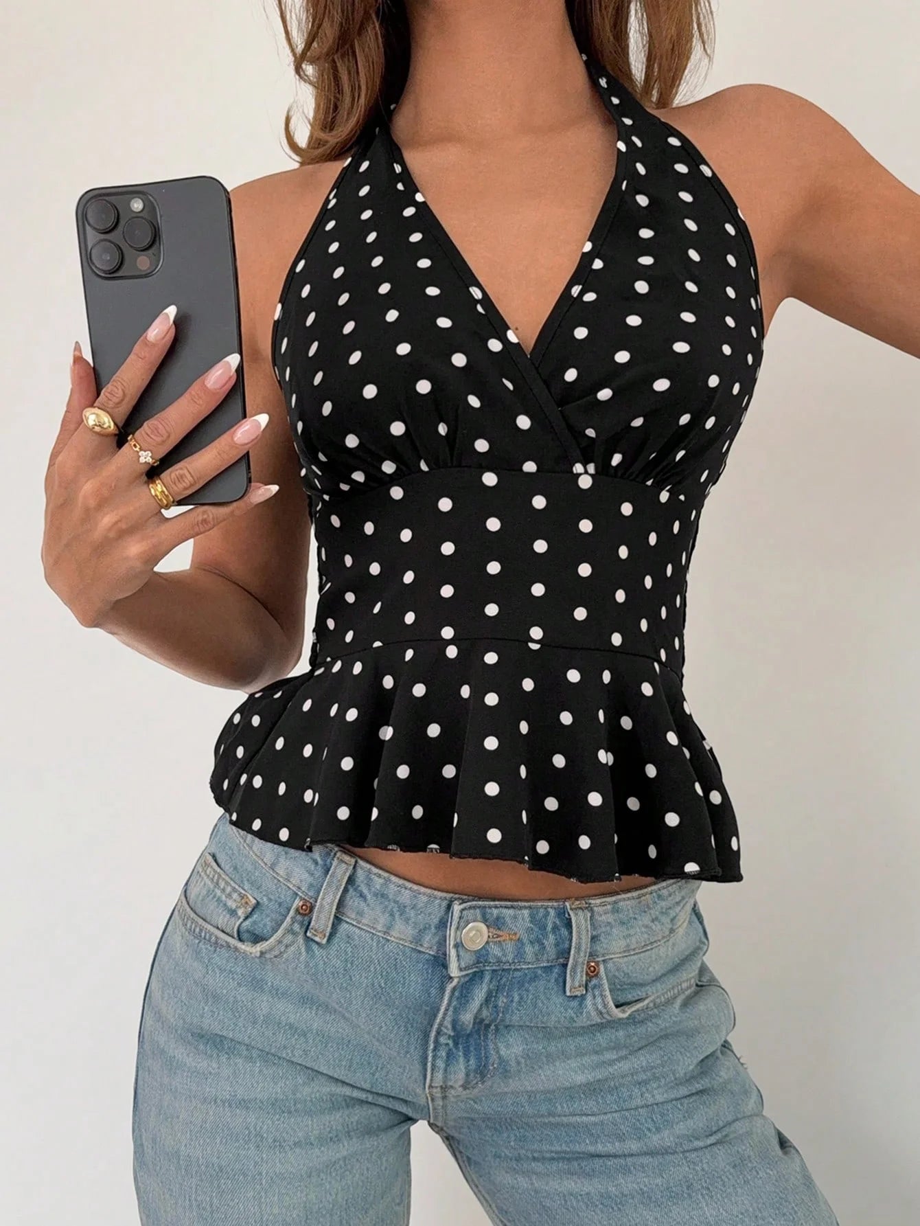 Ladies' spring and summer halter neck, cinched waist, ruffled hem, polka dot, girlish style blouse