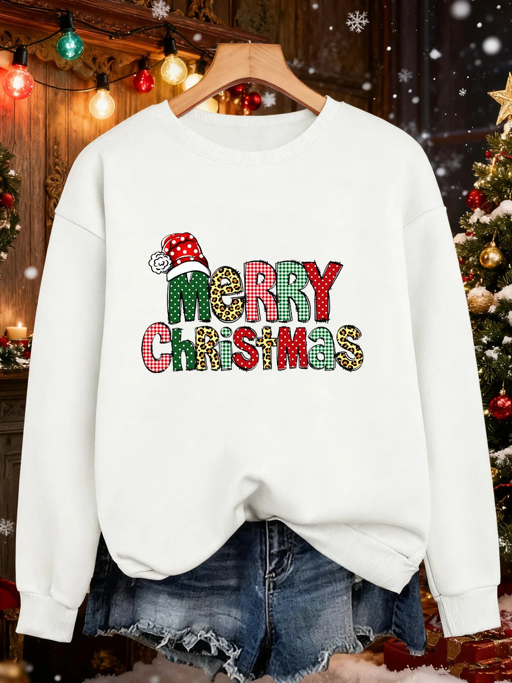 Merry Christmas Colorful Letter Prints Sweatshirts Womens Loose Casual Hoodies Fleece Warm Crewneck Pullover Winter Soft Clothes