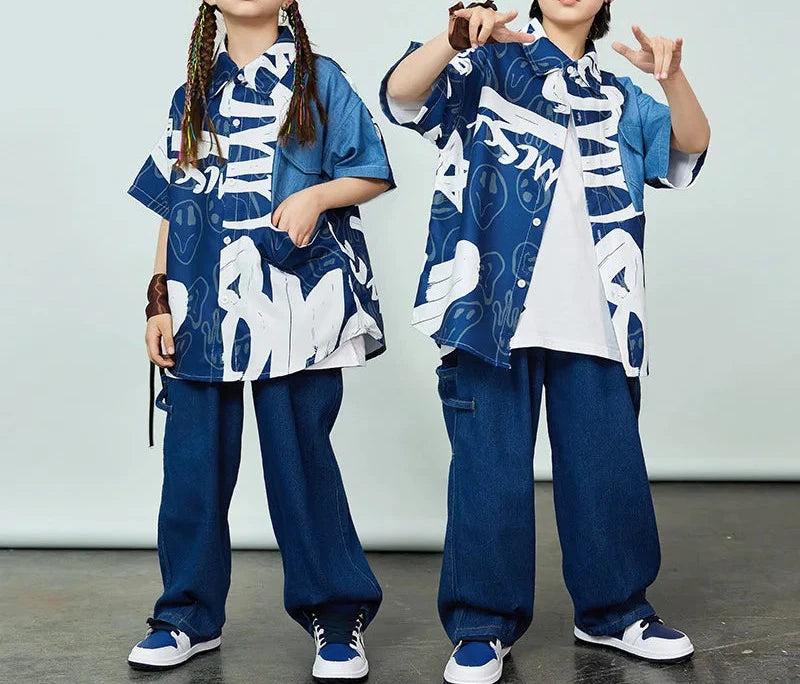 Boys Hip Hop Costume Graffiti Jeans Shirt Loose Pants for Girls Street Dance Kids Jazz Clothes Children Streetwear sets
