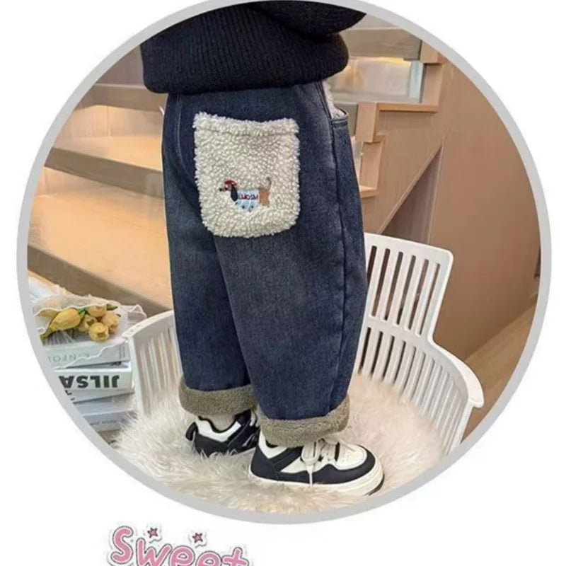 Children's Velvet Jeans New Girl's Loose Casual Pants Winter Girl's Alpaca Velvet Thick Pants 90-140cm