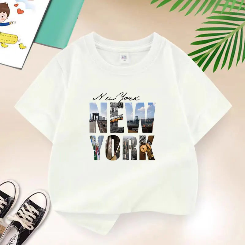 New 2025 Summer Casual Children's New York letter Teen T-shirt Boys T Shirt Boys Clothes Print Cotton T Shirts Kids Clothes
