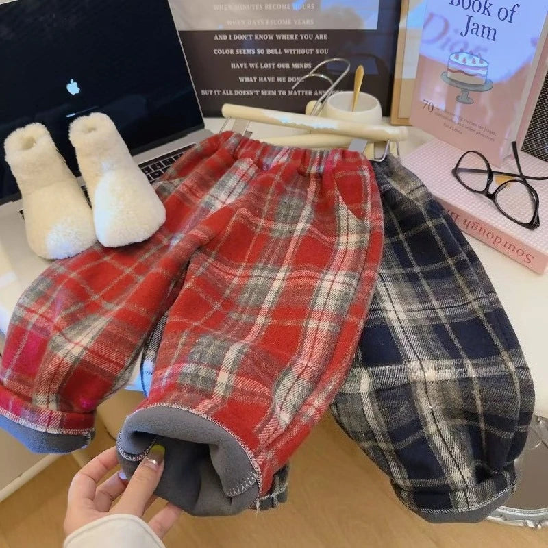 Autumn Winter New Thicken Boys Girls Trendy Fashion Children Plush Casual Versatile Checkered Straight Leg Pants Korean Version