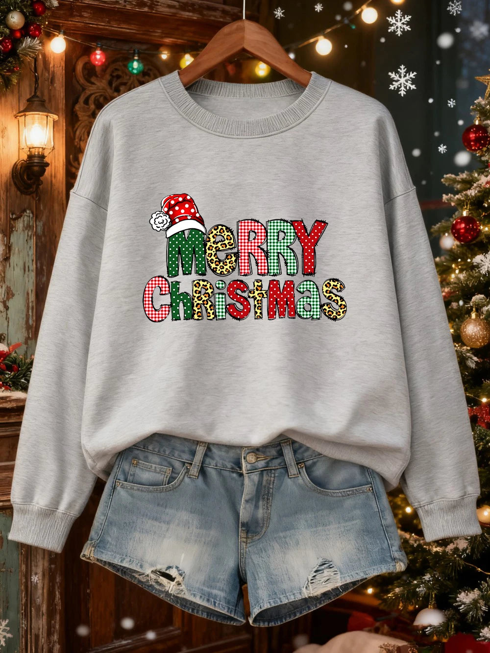Merry Christmas Colorful Letter Prints Sweatshirts Womens Loose Casual Hoodies Fleece Warm Crewneck Pullover Winter Soft Clothes