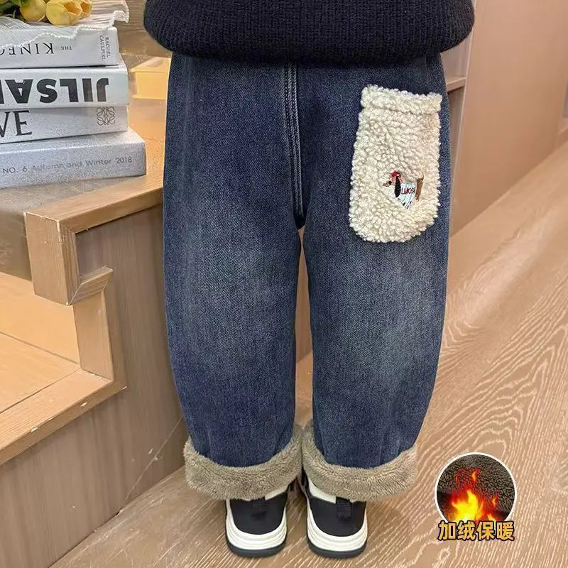 Children's Velvet Jeans New Girl's Loose Casual Pants Winter Girl's Alpaca Velvet Thick Pants 90-140cm