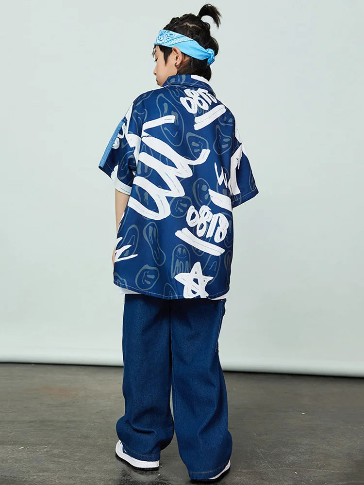 Boys Hip Hop Costume Graffiti Jeans Shirt Loose Pants for Girls Street Dance Kids Jazz Clothes Children Streetwear sets