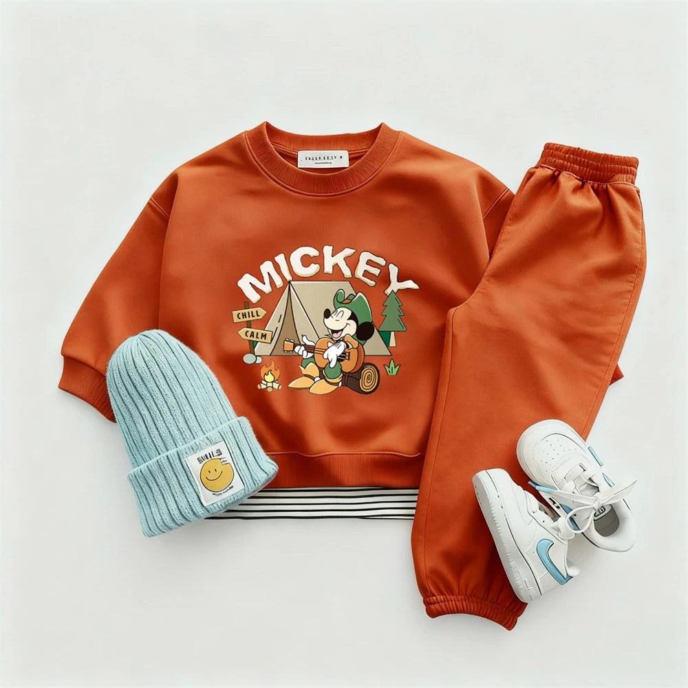 Orange Sweatshirts +Pants Child Cartoon Mickey Tops Solid Color Trousers Crewneck Pullovers All-match Pants Toddler Autumn Wear