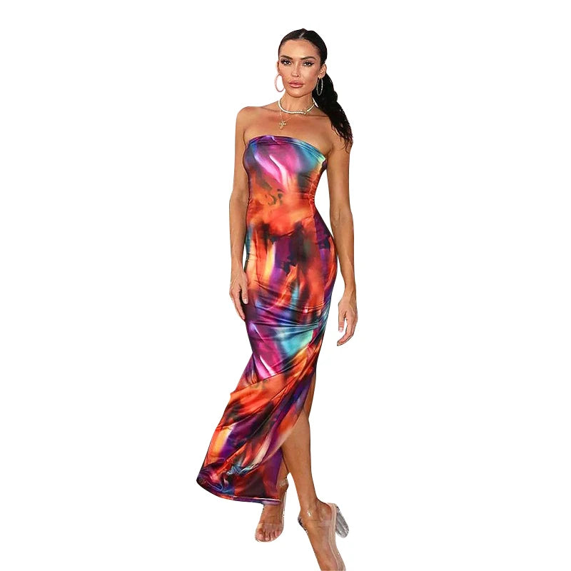 CUTENOVA Women Off-Shoulder Bodycon Maxi Sundress 2024 Summer Tie Dye Print Sleeveless Backless Long Party Dress Beach Street