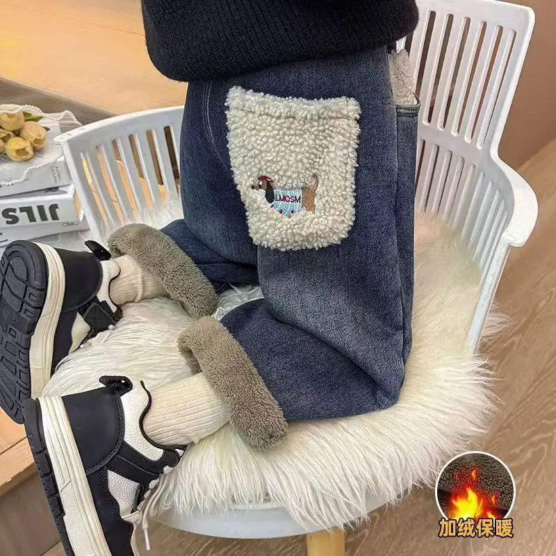 Children's Velvet Jeans New Girl's Loose Casual Pants Winter Girl's Alpaca Velvet Thick Pants 90-140cm