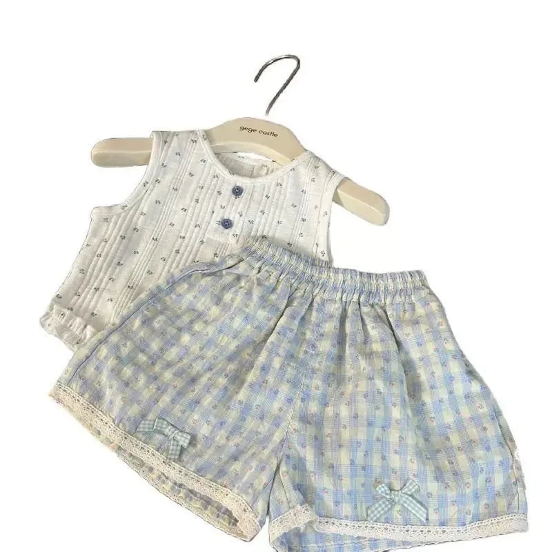 Girls' Summer Set 2025 New Children's Leisure Summer Dress Girls' Bow Vest Shorts Two Piece Set Stylish