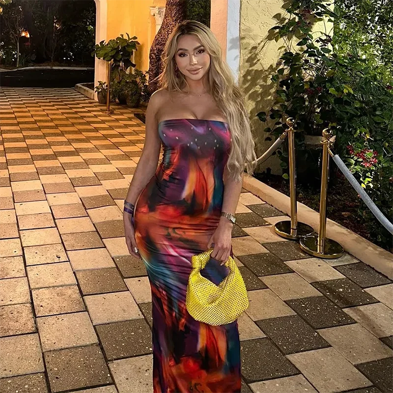 CUTENOVA Women Off-Shoulder Bodycon Maxi Sundress 2024 Summer Tie Dye Print Sleeveless Backless Long Party Dress Beach Street