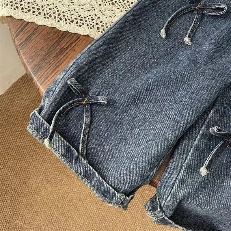 Kids Baby Girls Jeans 2025 Autumn Bow Solid Color Wide Leg Pant Elastic Waist Pocket Children Little Girls Straight Leg Pants