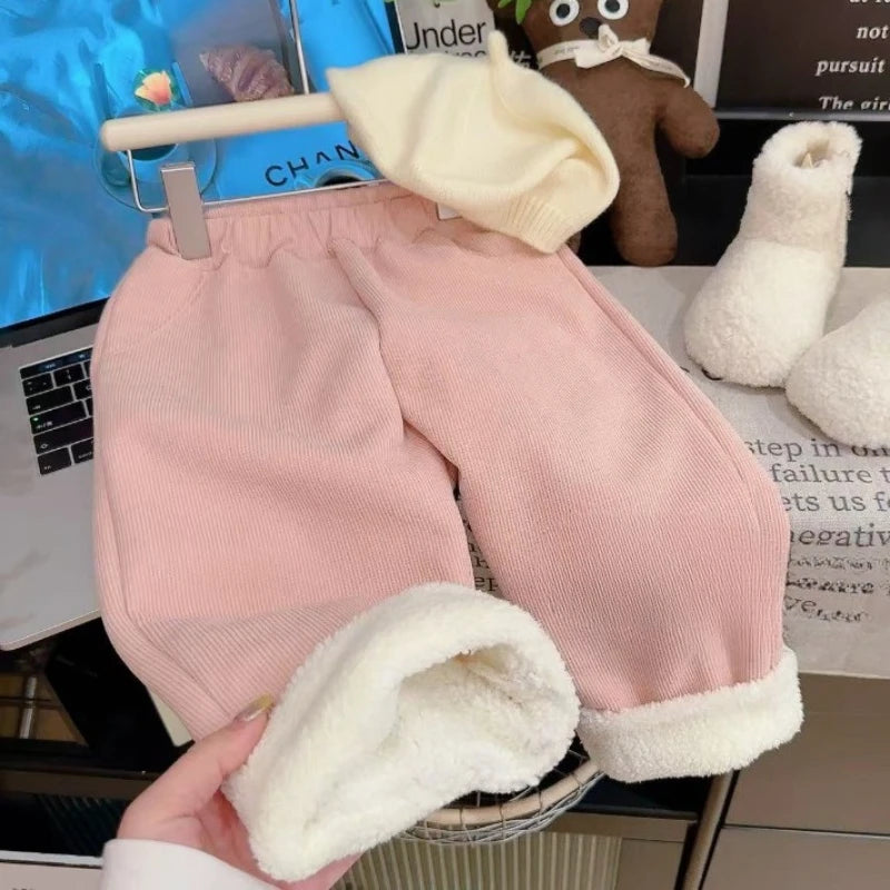 Autumn Winter New Thicken Boys Girls Trendy Fashion Children Plush Casual Versatile Checkered Straight Leg Pants Korean Version