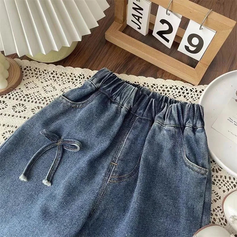 Kids Baby Girls Jeans 2025 Autumn Bow Solid Color Wide Leg Pant Elastic Waist Pocket Children Little Girls Straight Leg Pants