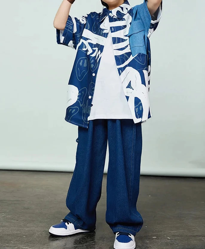 Boys Hip Hop Costume Graffiti Jeans Shirt Loose Pants for Girls Street Dance Kids Jazz Clothes Children Streetwear sets