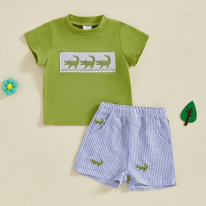 2Pcs Baby Boy Summer Outfits Short Sleeve Alligator Embroidery T-Shirt Pocket Shorts Set Clothes