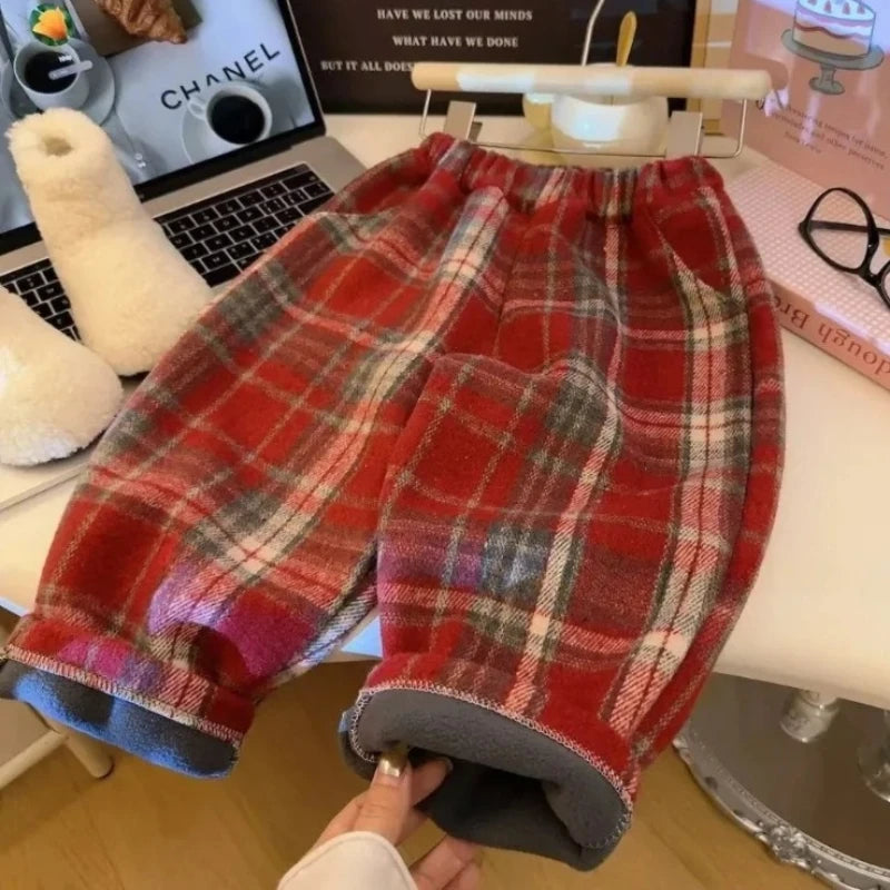 Autumn Winter New Thicken Boys Girls Trendy Fashion Children Plush Casual Versatile Checkered Straight Leg Pants Korean Version