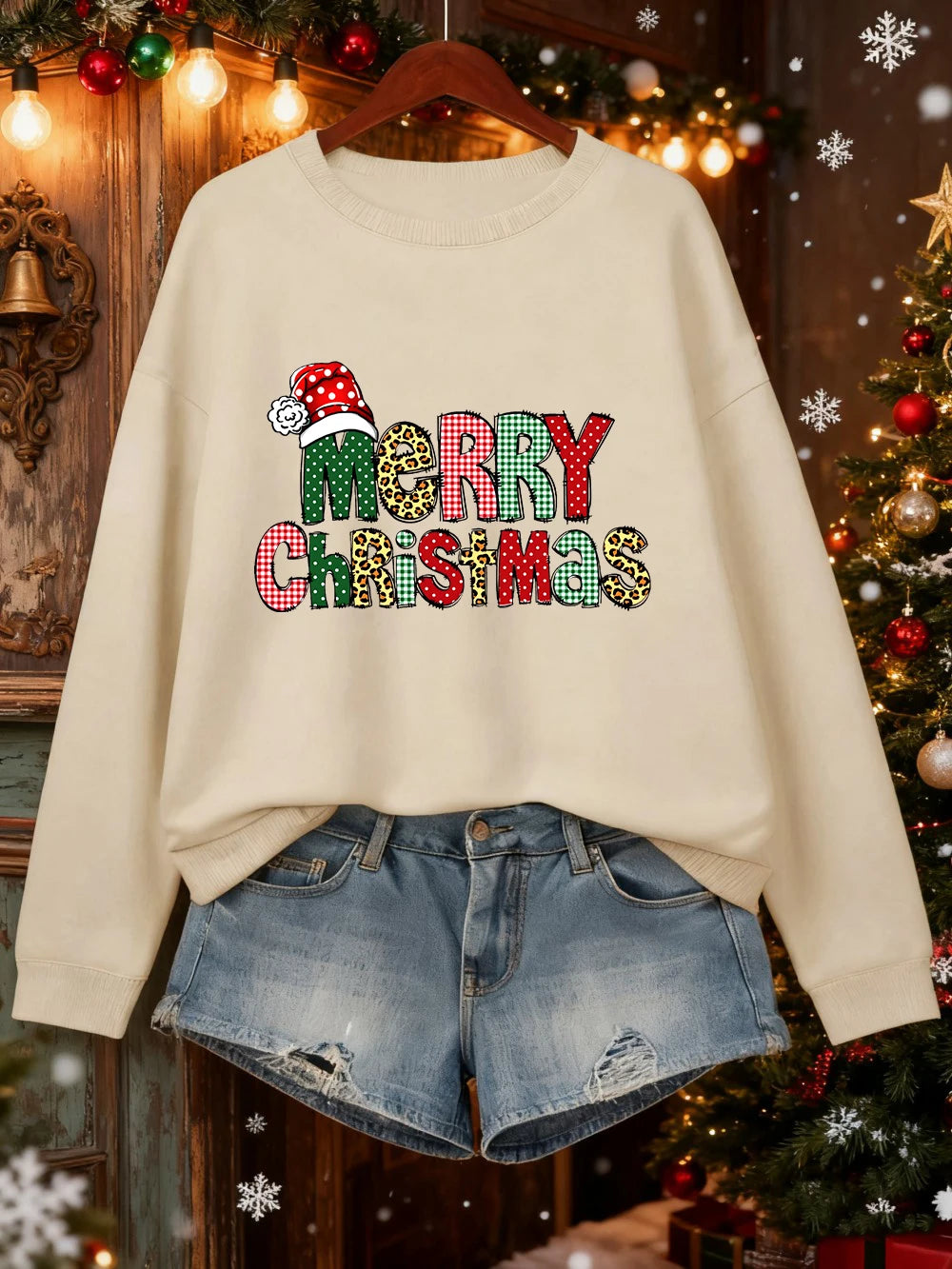 Merry Christmas Colorful Letter Prints Sweatshirts Womens Loose Casual Hoodies Fleece Warm Crewneck Pullover Winter Soft Clothes