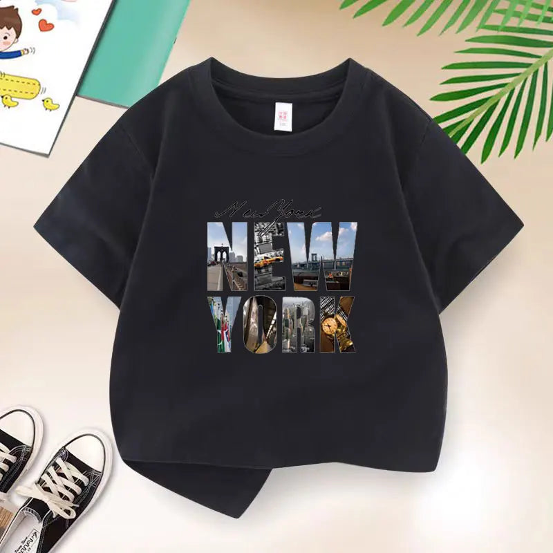 New 2025 Summer Casual Children's New York letter Teen T-shirt Boys T Shirt Boys Clothes Print Cotton T Shirts Kids Clothes