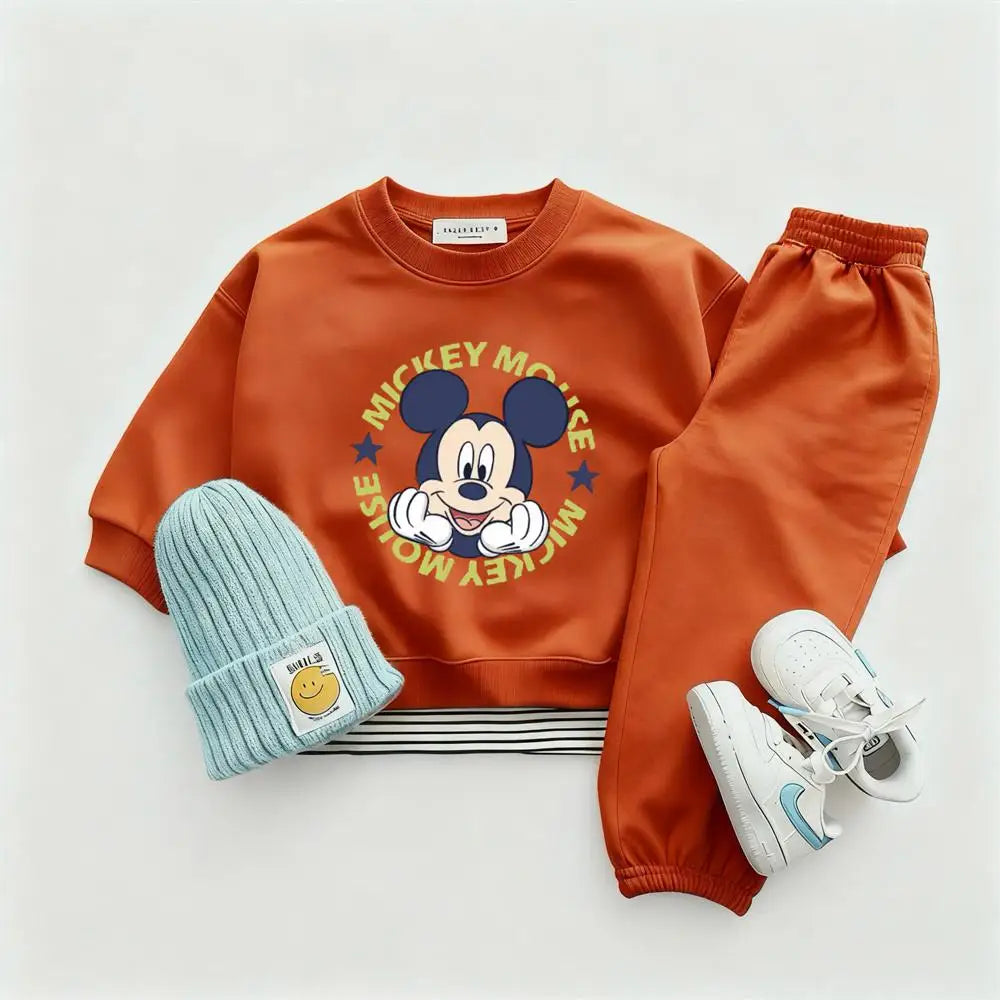 Orange Sweatshirts +Pants Child Cartoon Mickey Tops Solid Color Trousers Crewneck Pullovers All-match Pants Toddler Autumn Wear