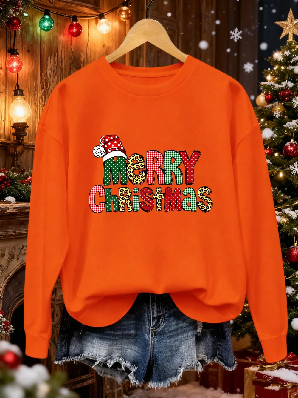 Merry Christmas Colorful Letter Prints Sweatshirts Womens Loose Casual Hoodies Fleece Warm Crewneck Pullover Winter Soft Clothes