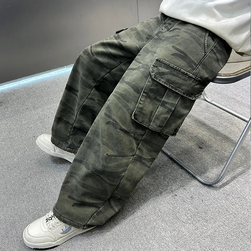 Boy Winter Warm Insulate Military Camouflage Cargo Pants Kids Loose Straight Thermal Trousers Child Fleece Lined Camo Trackpants