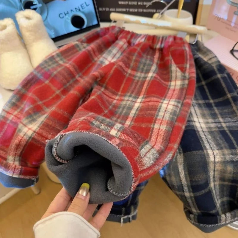 Autumn Winter New Thicken Boys Girls Trendy Fashion Children Plush Casual Versatile Checkered Straight Leg Pants Korean Version