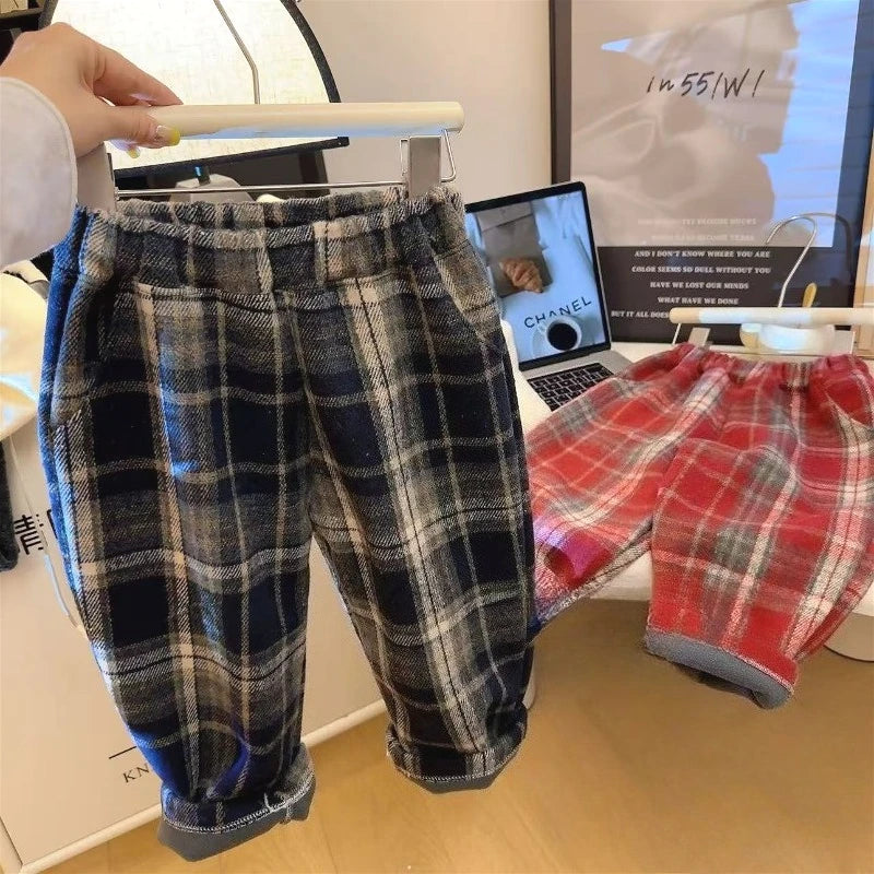 Autumn Winter New Thicken Boys Girls Trendy Fashion Children Plush Casual Versatile Checkered Straight Leg Pants Korean Version