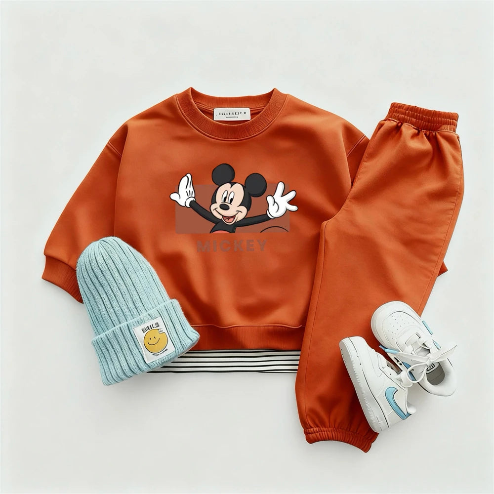 Orange Sweatshirts +Pants Child Cartoon Mickey Tops Solid Color Trousers Crewneck Pullovers All-match Pants Toddler Autumn Wear