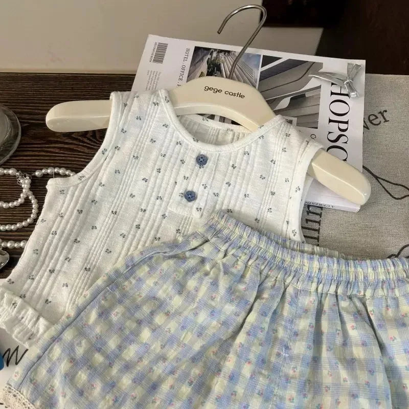 Girls' Summer Set 2025 New Children's Leisure Summer Dress Girls' Bow Vest Shorts Two Piece Set Stylish