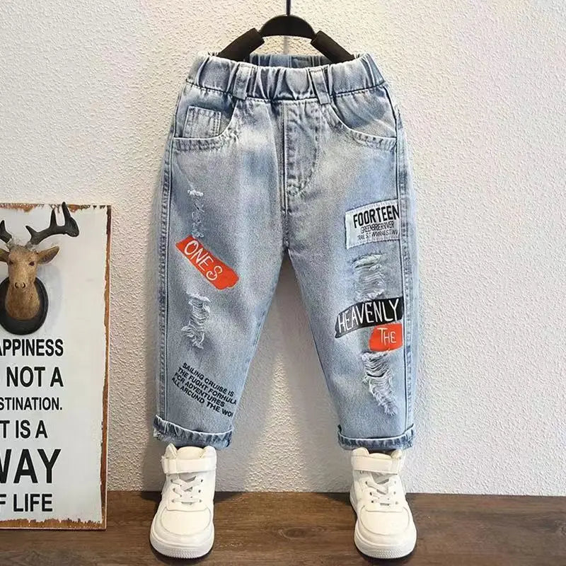 Boys Jeans for Children's Wear Spring and Autumn 2024 New Baby Fashion Korean Fit Long Pants for Children's Hole Jeans 2-9Y
