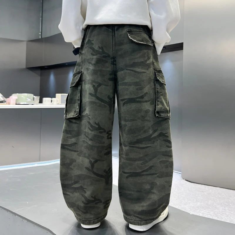 Boy Winter Warm Insulate Military Camouflage Cargo Pants Kids Loose Straight Thermal Trousers Child Fleece Lined Camo Trackpants